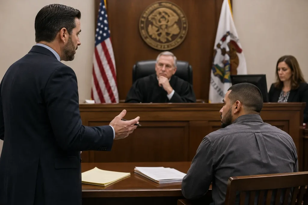 Criminal defense attorney reviewing probation violation case documents in Illinois